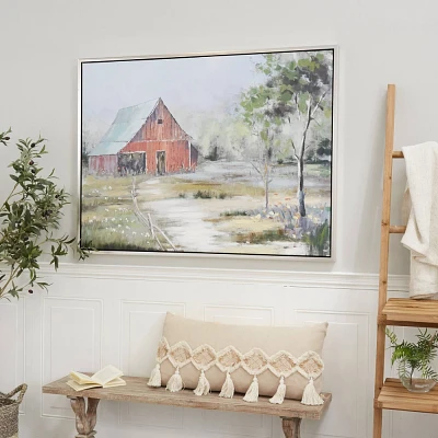 Canvas Landscape Handmade Barn Framed Wall Art with Silver Frame Green - Olivia & May: Modern Farmhouse Decor, Nature Scene