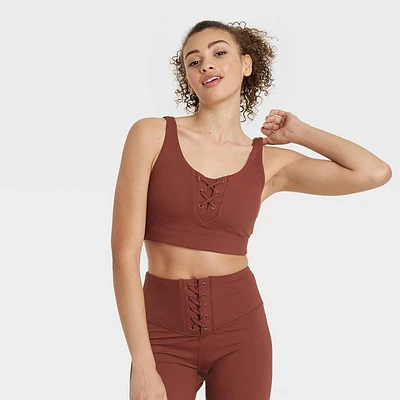 Women Lace-Up Detail Ribbed Bra