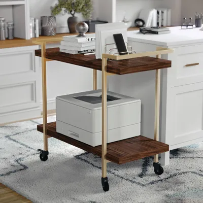 2 Tier Mobile Wood Grain Office Storage and Printer Cart with Polished Brass Frame Walnut - Martha Stewart: Locking Casters, Easy Assembly