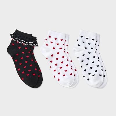 Women Heart Ruffled Valentine Day 3pk Ankle Sock - Black/Red/White 4-10