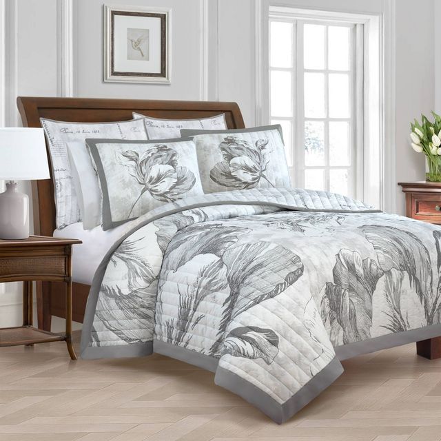 Full/Queen Merian Tulip Quilt Gray/White - New York Botanical Garden: Cotton Backing, Midweight, Machine Washable