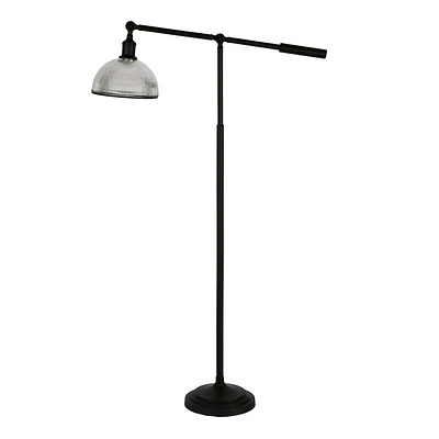 Hampton & Thyme 58 Tall Floor Lamp with Ribbed Glass Shade Blackened Bronze/Clear: Metal Body, Push Button Foot Switch