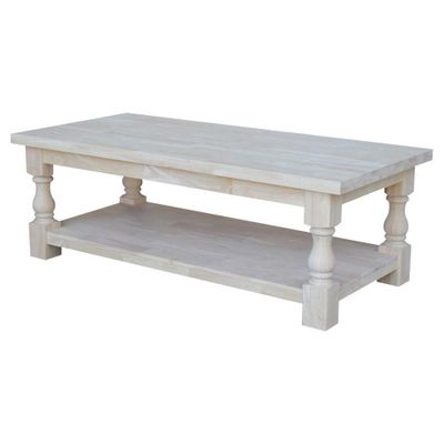 Tuscan Coffee Table - Unfinished - International Concepts: 56 Large Hardwood Coffee Table for Living Room with Fixed Shelf