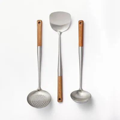 3pc Wok Tools Set Brown - Figmint: Stainless Steel & Wood Kitchen Utensils, Includes Skimmer, Turner, Ladle