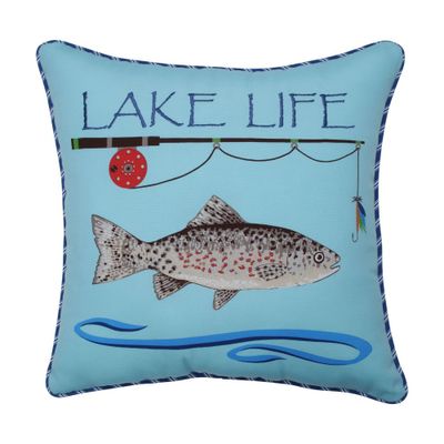 Lake Life Fishing Throw Pillow Blue - Pillow Perfect: Nautical Coastal Decor, Weather-Resistant Outdoor Cushion