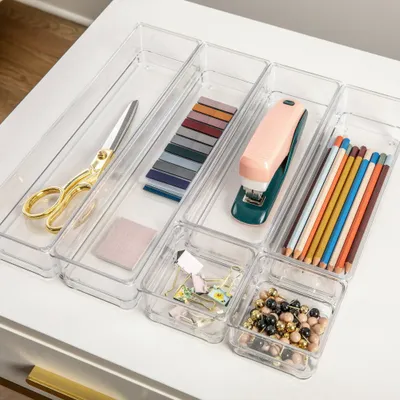 Martha Stewart 6pc Plastic Stackable Office Desk Drawer Organizers Clear: Desk Organization Set, Drawer Organizers