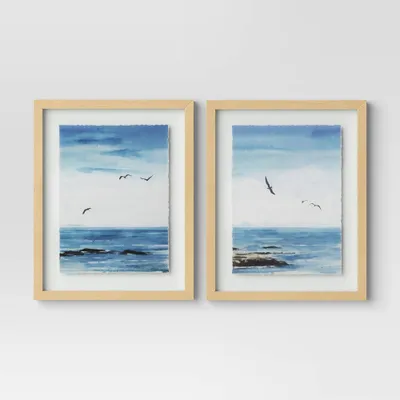 (Set of 2) 16 x 20 Seascape Framed Art Set Natural - Threshold: Vertical Wall Art, Blockprint Style