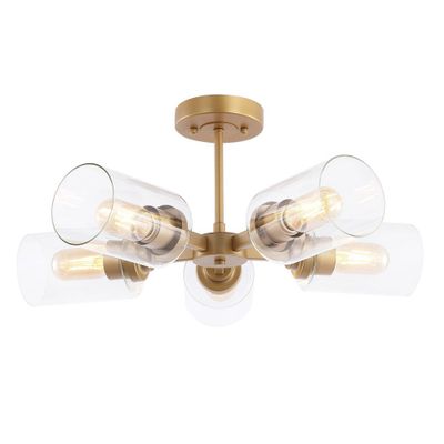 21.5 LED 5-Light Jaynie Industrial Iron Cylinder Pendant Gold/Clear - JONATHAN Y: Modern Semi-Flush Glass Fixture