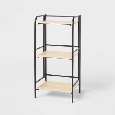 Folding 3 Shelf Narrow Black Metal with Natural Wood Shelves - Brightroom