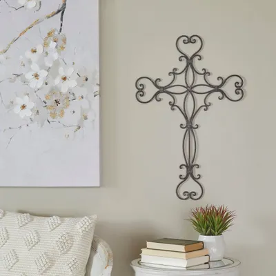 Metal Cross Scroll Wall Decor Black - Olivia & May: Iron Religious Art, Vertical Display