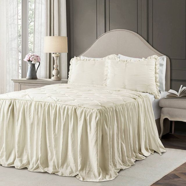 King 3pc Ravello Pintuck Ruffle Skirt Bedspread & Sham Set Ivory - Lush Dcor