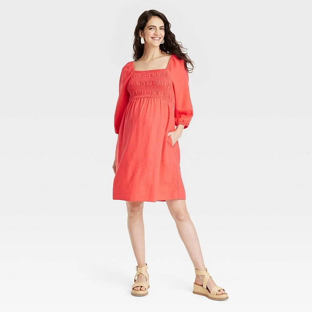 Isabel Maternity by Ingrid & Isabel Puff Elbow Sleeve Smocked Linen Mini Maternity  Dress - Isabel Maternity by Ingrid & Isabel Coral Red XS | Connecticut Post  Mall