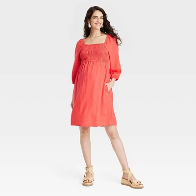 Puff Elbow Sleeve Smocked Linen Mini Maternity Dress - Isabel Maternity by Ingrid & Isabel Coral Red XS