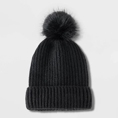 Girl Beanie With Faux Fur Pom Hat