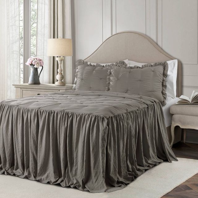 King 3pc Ravello Pintuck Ruffle Skirt Bedspread & Sham Set Dark Gray - Lush Dcor