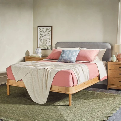 Saracina Home  Contemporary Solid Wood and Curved Fabric Headboard Bed Oak/Gray