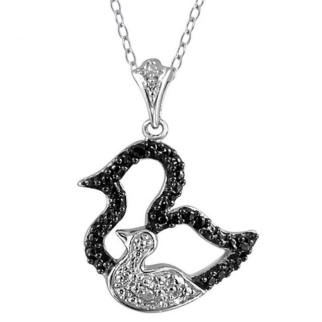 Womens Sterling Silver Accent Round-Cut Black and White Diamond Motherly Duck Pendant