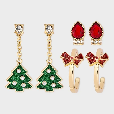 Christmas Light Bulb Tree and Bow Earring Set 3pc - Red/Green