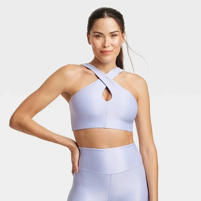 Women Light Support Shine Ribbed Halter Longline Sport Bra