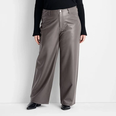 Womens Mid-Rise Wide Leg Faux Leather Pants