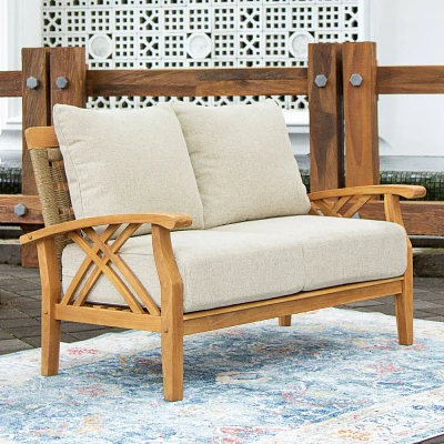 Cambridge Casual Carmel Teak Wood Patio Outdoor Loveseat with Tan Cushion