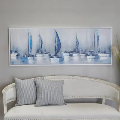 Canvas Sail Boat Framed Wall Art with White Frame Blue - Olivia & May: Coastal Style, Nautical Decor, Vertical Canvas