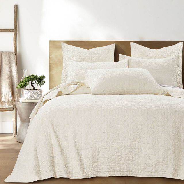 Twin Marta Quilt Set Cream - Homthreads: Polyester Jacquard Design, Includes Sham, Machine Washable