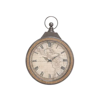 Olivia & May 30x21 Metal Pocket Watch Style Wall Clock with Rope Accent Brown : Nautical Indoor Decor, Analog Display