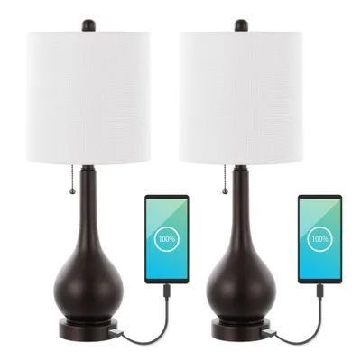 (Set of 2) 24 Tyler Gourd Iron LED Table Lamps with Pull-Chain with Dual USB Charging Port  - JONATHAN Y