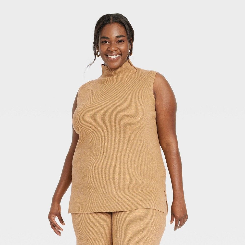 Mock Turtleneck Ribbed Sweater Vest 