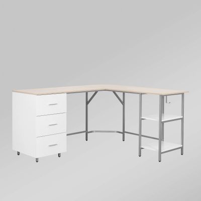 L Shape Home Office Two-Tone Desk with Storage - Techni Mobili: Wood