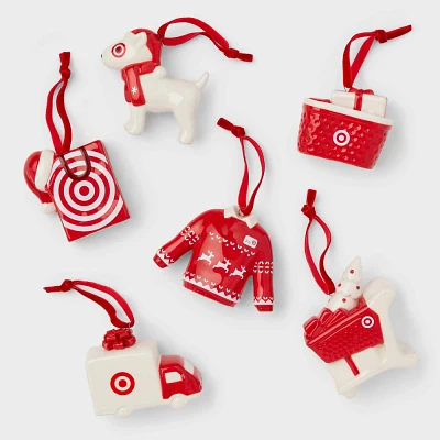 6pc Ceramic Target Christmas Tree Ornament Set Red/White - Wondershop