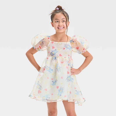 Girl Bluey & Bingo Floral Organza Puff Sleeve Dre