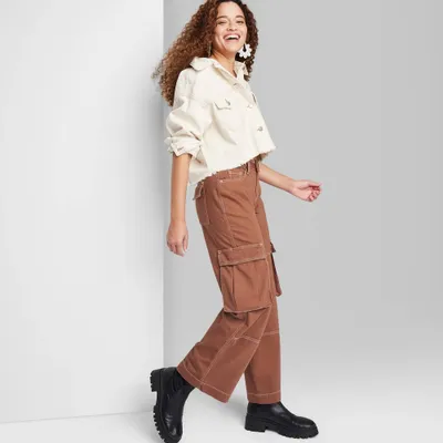 Womens Mid-Rise Cargo Baggy Wide Leg Utility Jeans