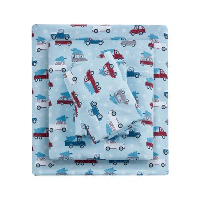 King Flannel Print Sheet Set Blue Cars