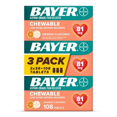 Bayer Low Dose Aspirin 81mg Pain Reliever Chewable Tablets - Aspirin (NSAID) - Orange Flavor - 108ct