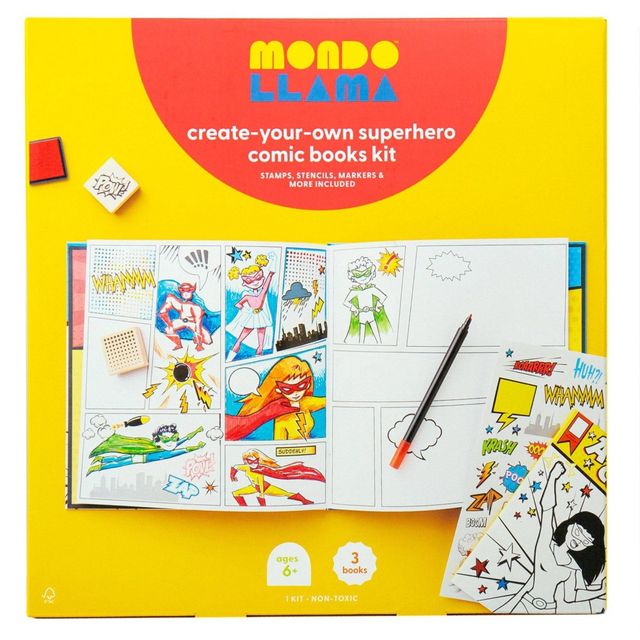 Create-Your-Own Superhero Comic Books Kit - Mondo Llama: DIY Art Kit for Designing Superhero Comics, Includes Markers & Stickers