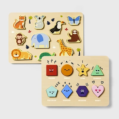 Wooden Shapes & Animals Puzzles - 2pc - Gigglescape