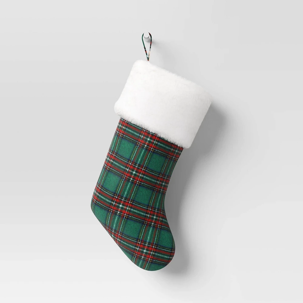 20 Plaid Christmas Stocking with Faux Shearling Cuff Green/Red/White - Wondershop