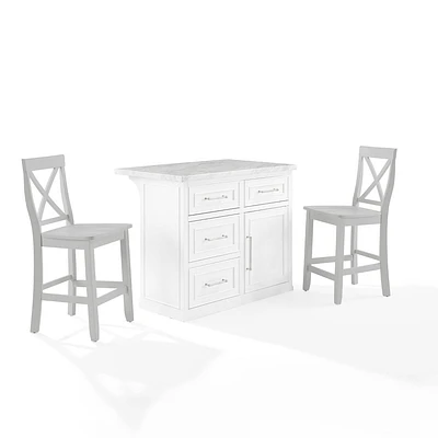 Crosley 42 Cutler Faux Marble Top Kitchen Island with X-Back Stools White/Gray: Beaded Molding, Storage Cabinet, Wood Veneer