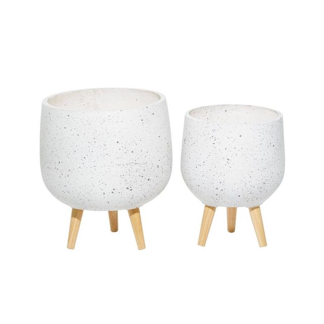 Set of 2 Contemporary Wood Oval Bowl Planters White - Olivia & May: Chic Fiber Clay Cauldron Design with Wooden Tripod Legs