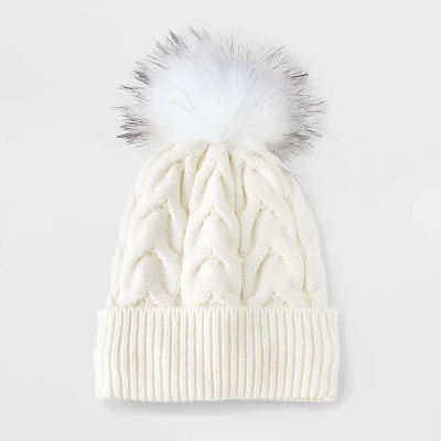 Kids Chunky Cable Cuffed Beanie with Faux Fur Pom Hat - art class White