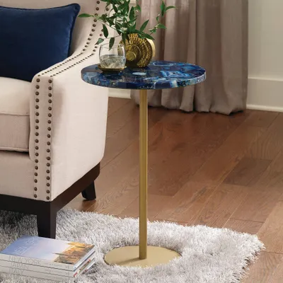 Oceana Round Chairside End Table Agate Blue - Steve Silver Co.: Gold Iron Base, Agate Stone, No Tools Assembly