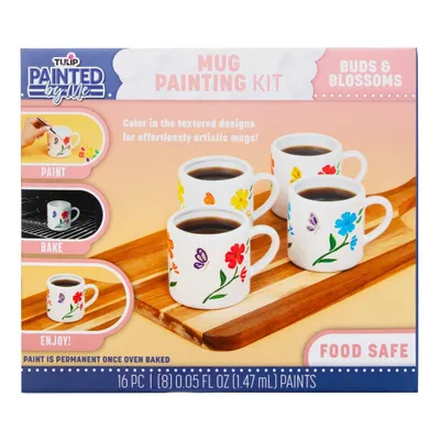 Tulip Color Paint and Bake Ceramic Mug Kit with Flower Designs: DIY Art Kit for Paintable Coffee Mugs, Includes Brushes & Paint