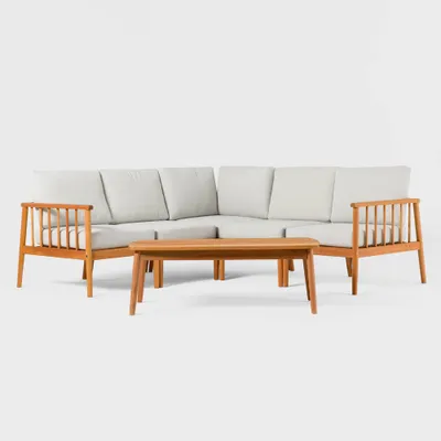 Saracina Home 6pc Modern Boho Outdoor Eucalyptus Spindle Sectional : Weather-Resistant Patio Set with Coffee Table