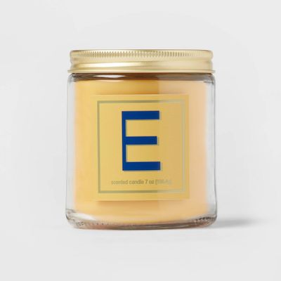 7oz Scented Monogram Letter E Candle with Gold Matte Lid Light Blue - Opalhouse