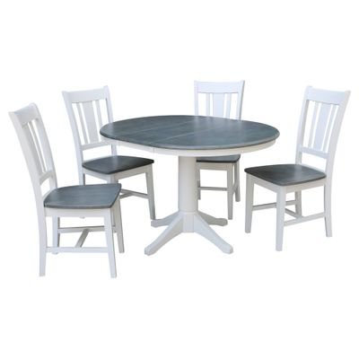 International Concepts 36 Valerie Round Extendable Dining Table with 4 Chairs White/Heather Gray: Mid-Century Modern 5-Piece Set