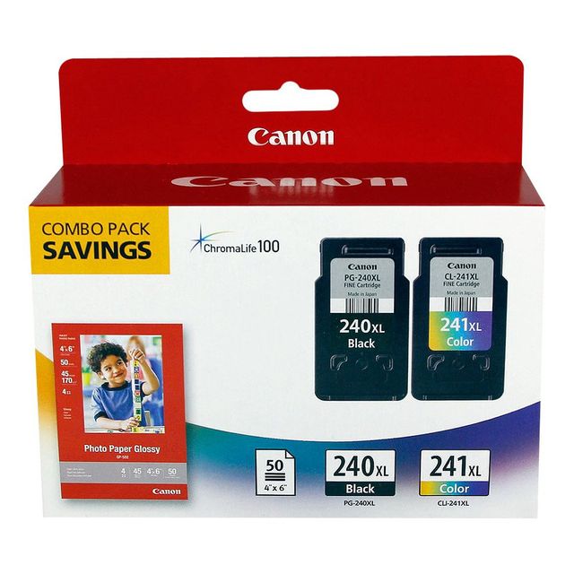 Canon 240XL Black, 241XL Color Combo 2pk Ink Cartridges with Photo Paper - Black, Tri-color (5206B005)