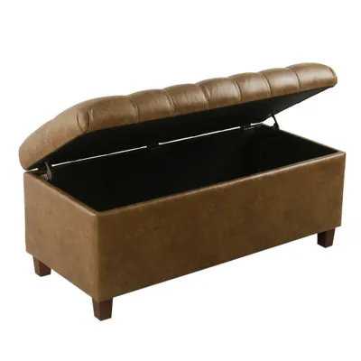 Ainsley Button Tufted Storage Bench: HomePop, Rectangular Faux Leather Ottoman with Wood Legs