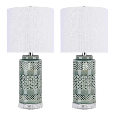 LumiSource (Set of 2) Casa 21 Contemporary Table Lamps Sage Green Crackle Ceramic, Polished Nickel, and White Linen Shade